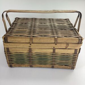 Vintage Wicker Bamboo Rattan Basket Dual Handles Woven